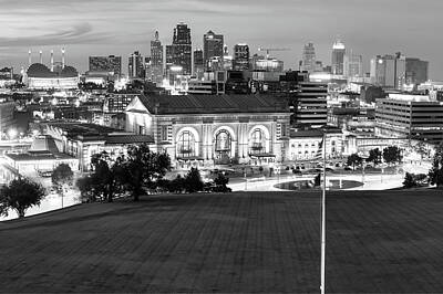 Skylines Royalty Free Images - Union Station and the Kansas City Skyline Black and White Royalty-Free Image by Gregory Ballos