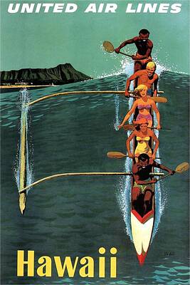 Best Sellers - Beach Mixed Media - United Air Lines to Hawaii - Riding With Outrigger - Retro travel Poster - Vintage Poster by Studio Grafiikka
