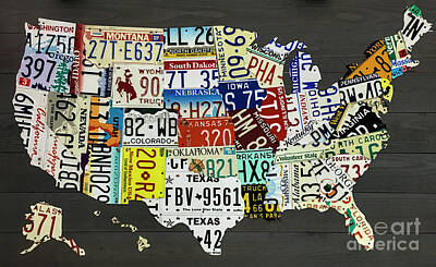 Bowling - License Plate Map of the United States on Gray Wood Boards by Dale Powell