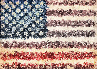 Landmarks Paintings - Usa flag floral 3 by Bekim M