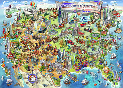 City Scenes Royalty-Free and Rights-Managed Images - USA Wonders Map Illustration by Maria Rabinky