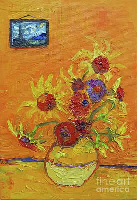 Sunflowers Paintings - Van Gogh Starry Night Sunflowers Inspired Modern Impressionist by Patricia Awapara