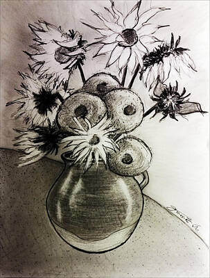 Sunflowers Drawings - Vase with Eleven Sunflowers by Jose A Gonzalez Jr