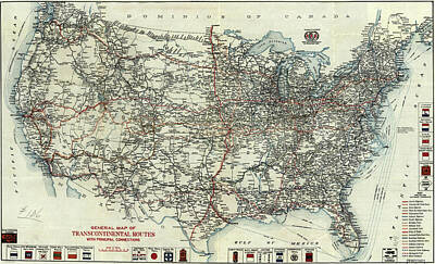Recently Sold - Food And Beverage Drawings - Vintage AAA Map of US Transcontinental Routes - 1918 by Eric Glaser