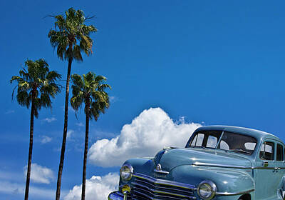 Transportation Photos - Vintage Blue Plymouth Automobile against Palm Trees by Randall Nyhof