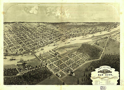 City Scenes Drawings - Vintage Map of Bay City Michigan - 1867 by CartographyAssociates
