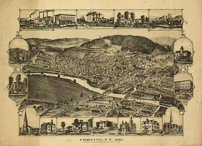 Cities Drawings - Vintage Map of Corning New York - 1882 by CartographyAssociates
