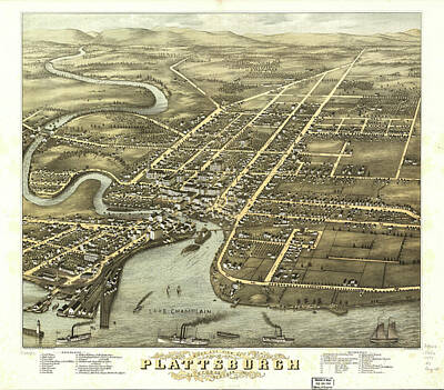 Cities Drawings - Vintage Pictorial Map of Plattsburgh NY - 1877 by CartographyAssociates