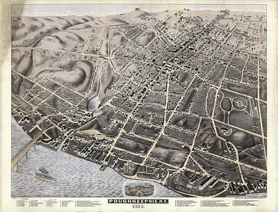 Cities Drawings - Vintage Pictorial Map of Poughkeepsie NY - 1871 by CartographyAssociates