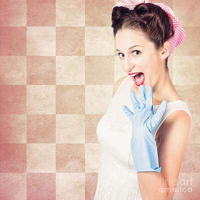 Modern Man Music - Vintage surprised pinup woman doing housework by Jorgo Photography