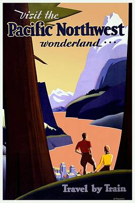 Mountain Mixed Media - Visit the Pacific Northwest Wonderland - Travel by Train - Retro travel Poster - Vintage Poster by Studio Grafiikka
