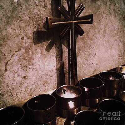 Frank J Casella Royalty-Free and Rights-Managed Images - Votive Candle With Cross by Frank J Casella