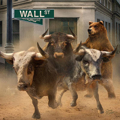 City Scenes Paintings - Wall Street -- Bull and Bear Markets by Doug Kreuger