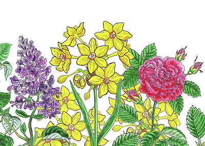 Studio Grafika Typography - Watercolor Flowers Garden Lilac Daffodils And Pink Rose by Irina Sztukowski