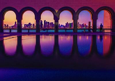Mountain Rights Managed Images - Watercolor Panorama View of Museum of Islamic Art, Doha, Qatar Royalty-Free Image by Celestial Images