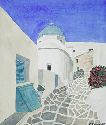 Palm Trees - Watercolor - Paros Church and Street Scene by Cascade Colors