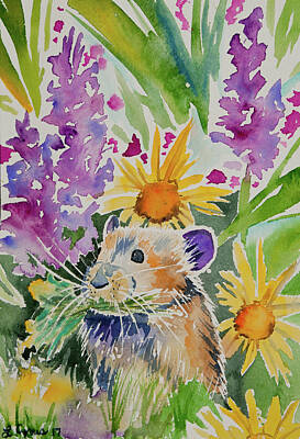 Sunflowers Paintings - Watercolor - Pika with Wildflowers 2 by Cascade Colors