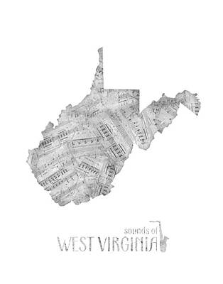 Rock And Roll Royalty-Free and Rights-Managed Images - West Virginia Map Music Notes by Bekim M