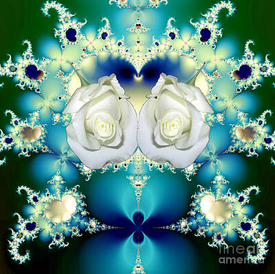Roses Royalty-Free and Rights-Managed Images - White Roses  and Blue Satin Bouquet Fractal Abstract by Rose Santuci-Sofranko