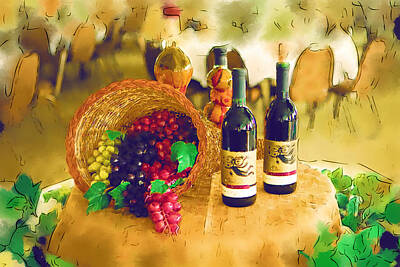 Wine Digital Art Royalty Free Images - Wine and Grapes Royalty-Free Image by Paul Bartoszek