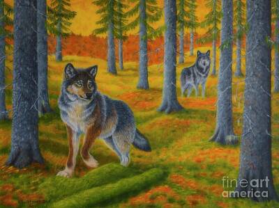 Animals Paintings - Wolfs forest by Veikko Suikkanen