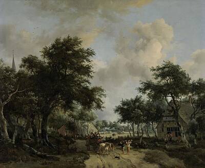 The Playroom - Wooded Landscape with Merrymakers in a Cart, Meindert Hobbema, c. 1665 by Celestial Images