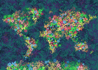 Floral Royalty-Free and Rights-Managed Images - World Map Floral 4 by Bekim M