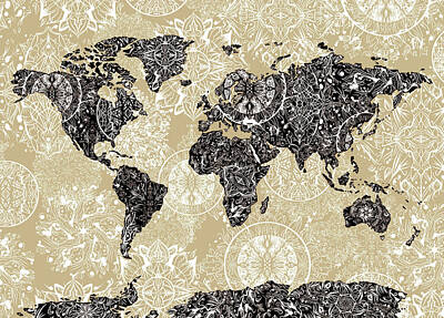 Abstract Flowers Digital Art - World Map Mandala Sepia by Bekim M
