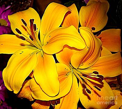 Roses Royalty-Free and Rights-Managed Images - Yellow Orange Asiatic Lilies Expressionist Effect by Rose Santuci-Sofranko
