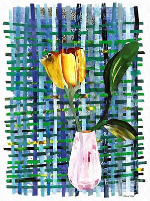 Best Sellers - Florals Mixed Media - Yellow Tulip in a Pink Vase by Sarah Loft