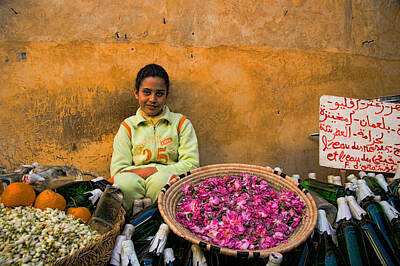 Abstract Ink Paintings - Young girl selling rose petals in the Medina of Fes Morroco by David Smith
