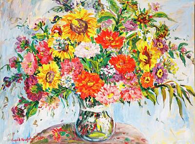 Sunflowers Paintings - Zinnias and Sunflowers by Ingrid Dohm