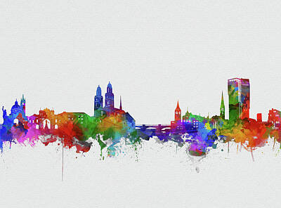 Abstract Skyline Royalty-Free and Rights-Managed Images - Zurich City Skyline Watercolor 2 by Bekim M