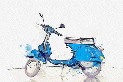 Transportation Paintings - 1982 Piaggio Vespa watercolor by Ahmet Asar by Celestial Images