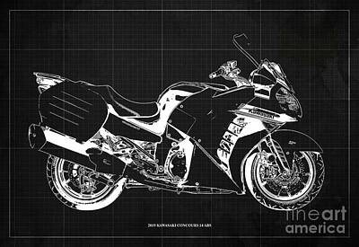 Cities Drawings - 2019 Kawasaki Concours 14 ABS Blueprint Original Artwork Gift for bikers Office Decoration by Drawspots Illustrations