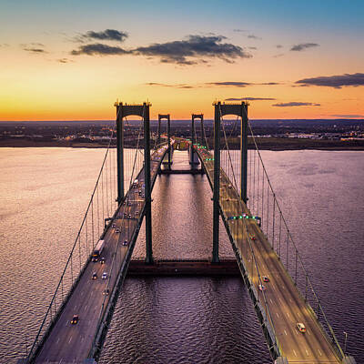Joe Hamilton Nfl Football Wood Art - Aerial view of Delaware Memorial Bridge at dusk. by Mihai Andritoiu