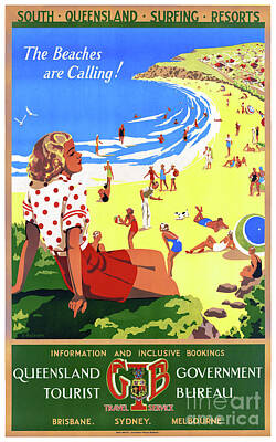 Beach Drawings - Australia Vintage Travel Poster Restored by Vintage Treasure