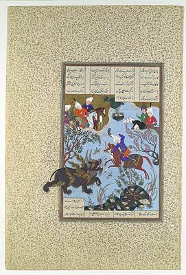 Champagne Corks - Bahram Gur Slays the Rhino-Wolf Folio 586r from the Shahnama Book of Kings of Shah Tahmasp Paintin by Celestial Images
