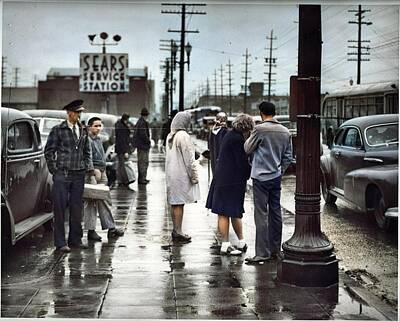 Kids Cartoons - Bus stop at 1st and Lander, Seattle  1946 by Celestial Images
