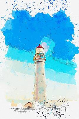 Landmarks Painting Royalty Free Images - Cape Nelson Lighthouse, Portland, Australia -  watercolor by Adam Asar Royalty-Free Image by Celestial Images