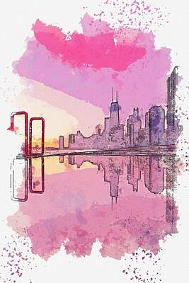 Skylines Paintings - Chicago sunset watercolor by Ahmet Asar by Celestial Images