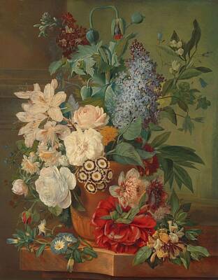 Roses Paintings - Flowers in a terracotta vase, Albertus Jonas Brandt, 1810 - 1824 by Albertus Jonas Brandt