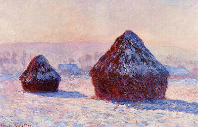 Bear Paintings - Grainstacks in the Morning, Snow Effect,1891 by Claude Monet