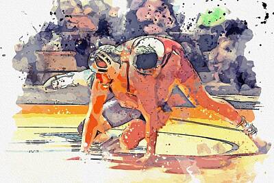Athletes Paintings - Greco Wrestling 3 watercolor by Ahmet Asar by Celestial Images