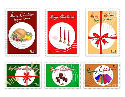 Wine Drawings - Post Stamps Set of Merry Xmas Items  by Iam Nee
