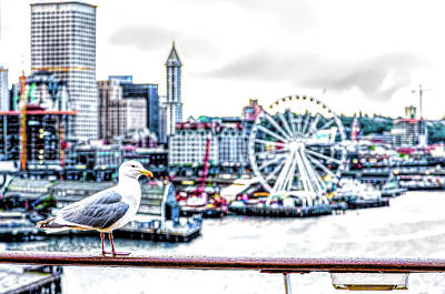 Staff Picks Cortney Herron Royalty Free Images - Seagull and Seattle Ferris Wheel Royalty-Free Image by Darryl Brooks