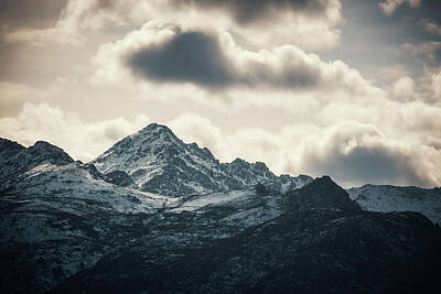 Vintage Magician Posters - Snow capped peak of Monte San Parteo mountain in Corsica by Jon Ingall