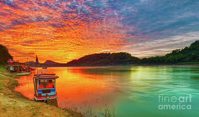 Garden Vegetables - Touristic boat at sunset. Beautiful landscape. Luang Prabang. La by MotHaiBaPhoto Prints