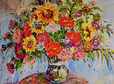 Sunflowers Paintings - Zinnias and Sunflowers by Ingrid Dohm