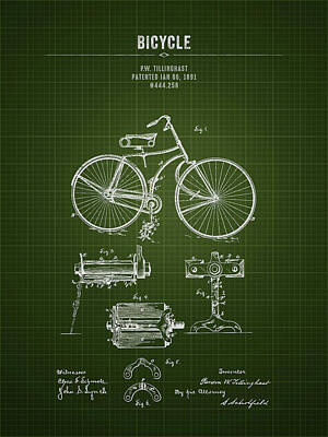 Transportation Digital Art - 1891 Bicycle - Dark Green Blueprint by Aged Pixel